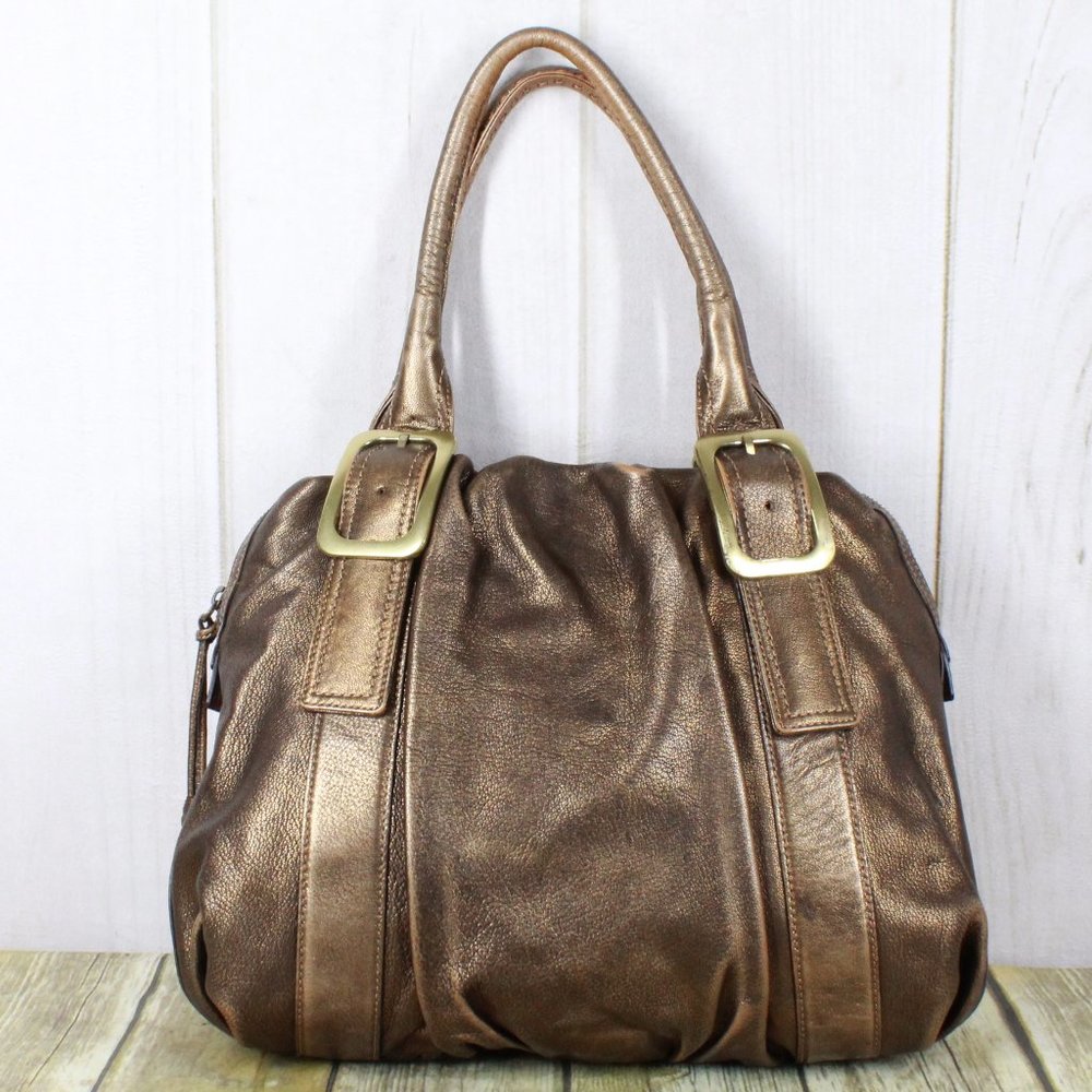 Cole Haan Gold Brown Leather Brass Buckle Double Handles Tote Shoulder Bag - Picture 5 of 12